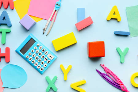 Set of school stationery on color backgroundの写真素材