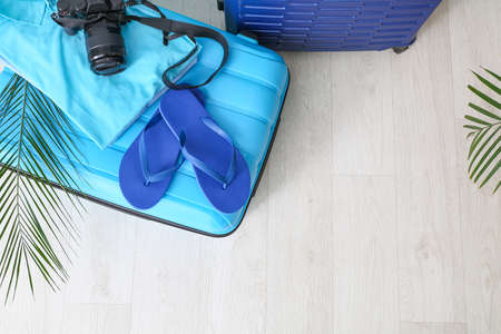 Packed luggage on light background. Travel conceptの写真素材