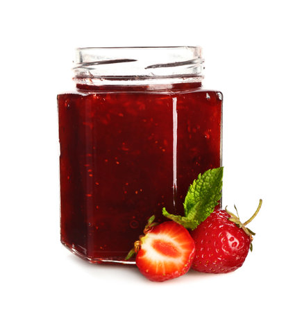 Jar of tasty strawberry jam on white backgroundの写真素材