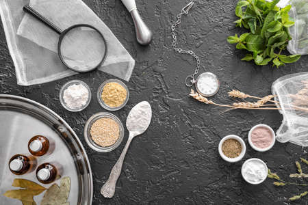 Ingredients for preparing potions on alchemist's table