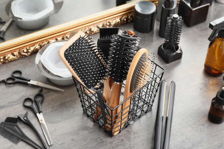 Professional hairdresser brushes in salonの写真素材