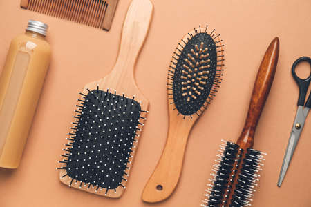 Professional hairdresser tools on color background, flat layの写真素材