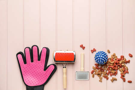 Pet care accessories on light wooden backgroundの写真素材