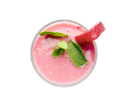 Glass of tasty strawberry smoothie on white backgroundの写真素材