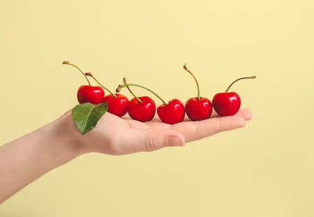 Female hand with sweet cherry on color backgroundの写真素材