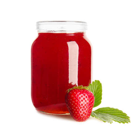 Jar of tasty strawberry jam on white background