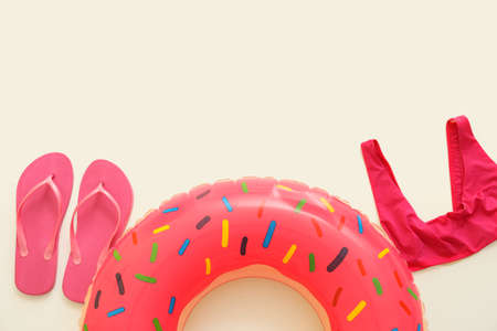 Set of beach accessories on white backgroundの写真素材