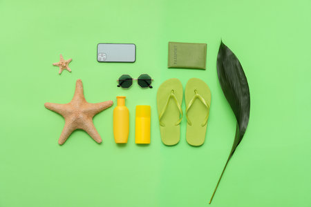 Mobile phone with beach accessories and passport on color backgroundの写真素材