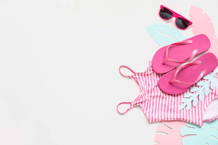 Composition with beach accessories on white backgroundの写真素材