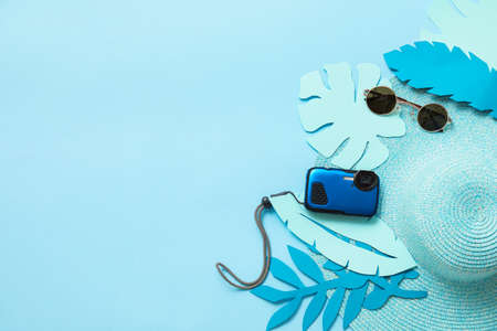 Composition with beach accessories on color backgroundの写真素材