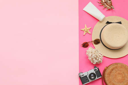 Beach accessories on color backgroundの写真素材