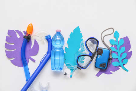 Composition with beach accessories on white backgroundの写真素材