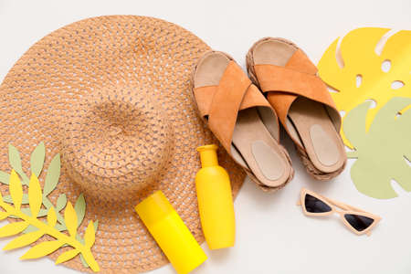 Composition with beach accessories on white backgroundの写真素材