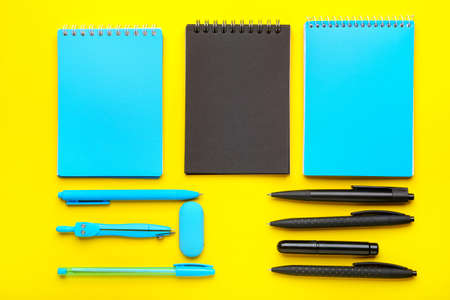 Set of school stationery on color background