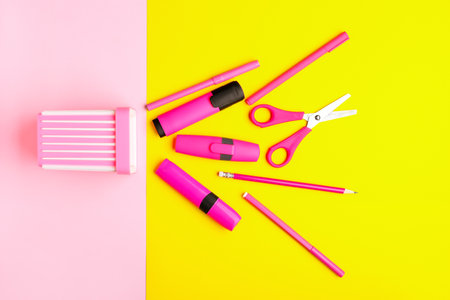 Set of school stationery on color backgroundの写真素材