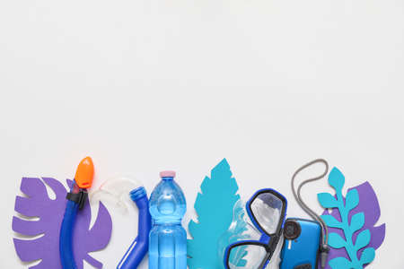 Composition with beach accessories on white backgroundの写真素材