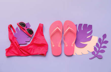 Composition with beach accessories on color backgroundの写真素材