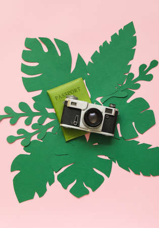 Composition with passport and photo camera on color backgroundの写真素材