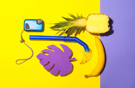 Composition with beach accessories on color backgroundの写真素材