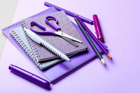 Set of school stationery on color backgroundの写真素材