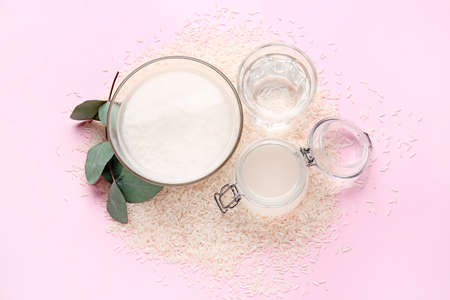 Healthy rice water on color backgroundの写真素材