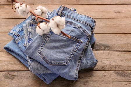 Cotton pants on wooden backgroundの写真素材