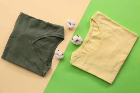Cotton t-shirts on color backgroundの写真素材
