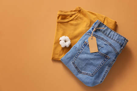 Cotton clothes on color background