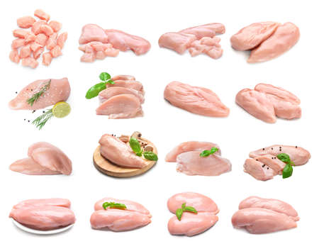 Fresh chicken fillet on white backgroundの写真素材