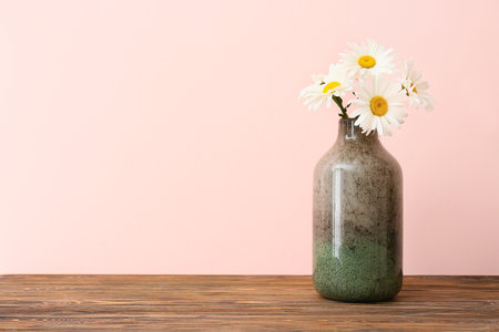 Beautiful vase with chamomile flowers on wooden table against color backgroundの写真素材