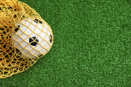 Soccer ball in net on green field