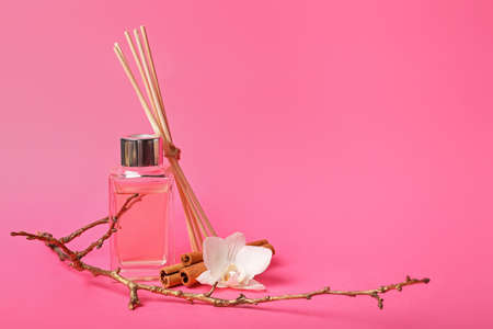 Composition with reed diffuser on color background
