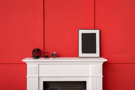Interior of modern room with fireplaceの写真素材