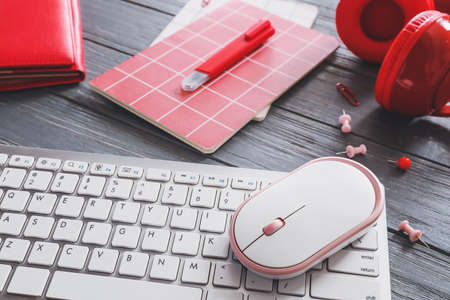 Modern PC mouse and keyboard on table, closeupの写真素材