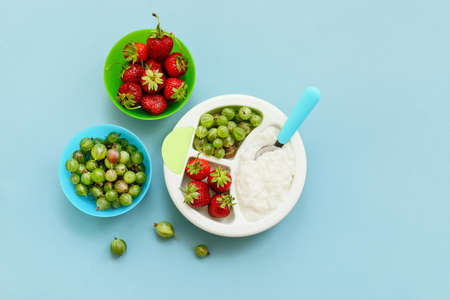 Plate with boiled rice and berries for child on color backgroundの写真素材