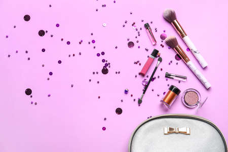 Composition with cosmetic bag on color backgroundの写真素材