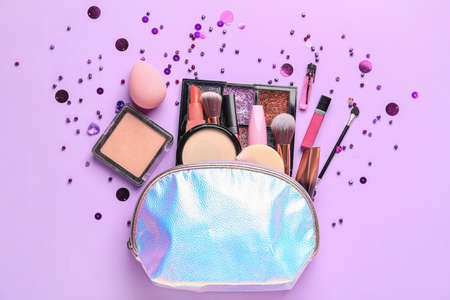 Composition with cosmetic bag on color backgroundの写真素材