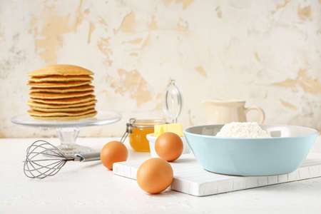 Ingredients for pancakes on tableの写真素材