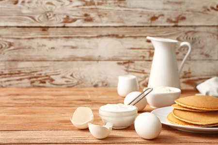 Ingredients for pancakes on tableの写真素材