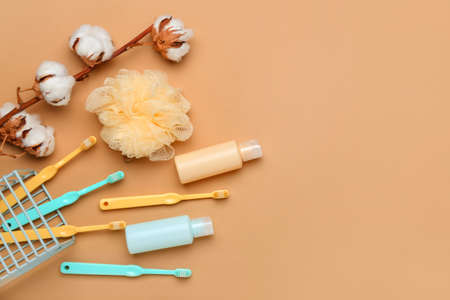 Set of bath accessories on color backgroundの写真素材