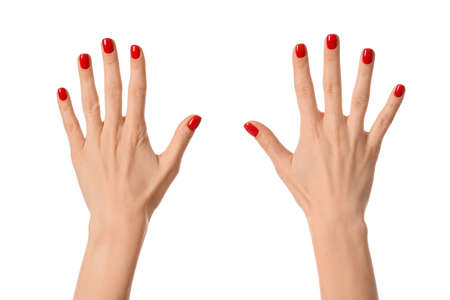 Hands with beautiful manicure on white backgroundの写真素材