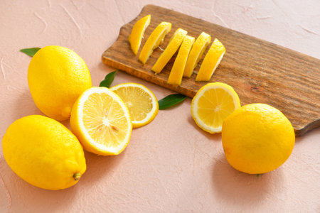 Composition with ripe lemons on color backgroundの写真素材