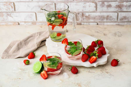Tasty strawberry mojito on tableの写真素材