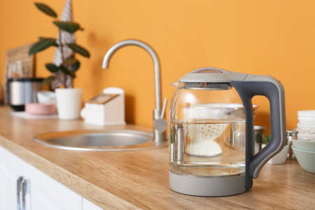 Electric kettle on kitchen counterの写真素材