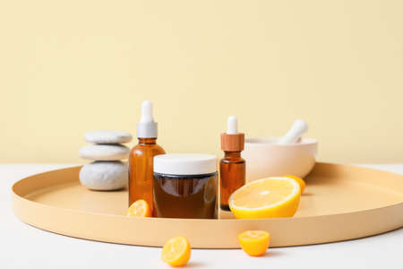 Set of different cosmetics on table