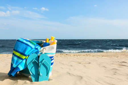 Bag with beach accessories at resortの写真素材