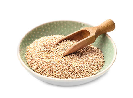 Bowl and scoop with healthy quinoa on white backgroundの写真素材