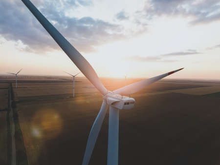 Windmills for electric power in countrysideの写真素材