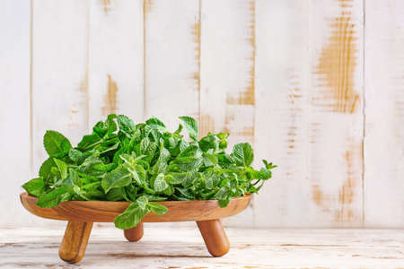 Fresh green mint on light wooden backgroundの写真素材