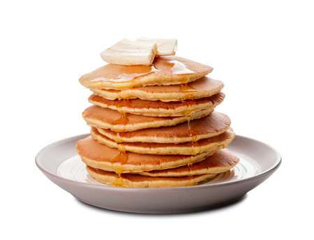 Tasty banana pancakes on white backgroundの写真素材